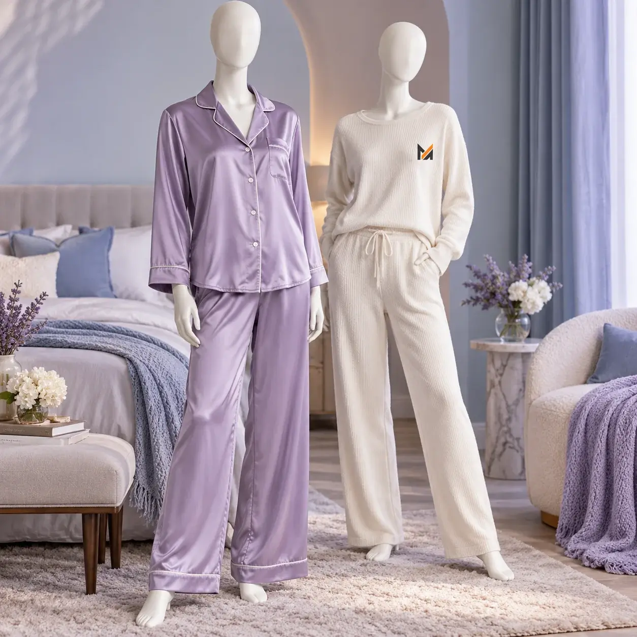 Custom lavender satin pajamas and cream knit loungewear displayed on female mannequins in a soft, premium bedroom setting.
